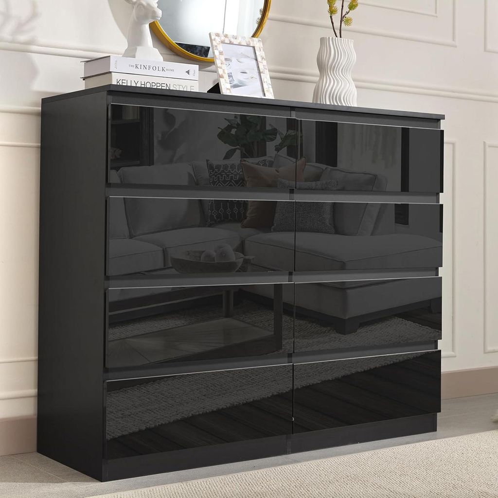 Sideboard Kenji 8 Schubladen Hochglanz Schwarz Produktbild 