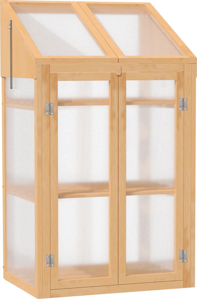 A wooden greenhouse with clear panels and double doors.