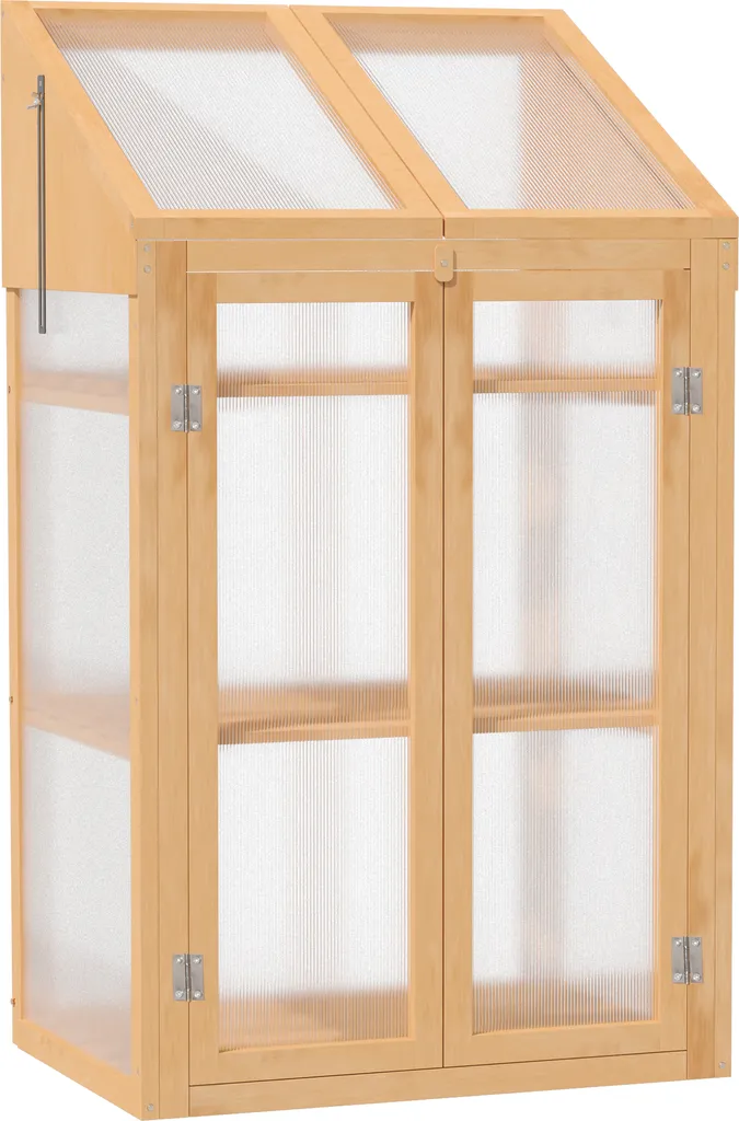 Petite serre de jardin verticale en bois avec toit ouvrant translucide