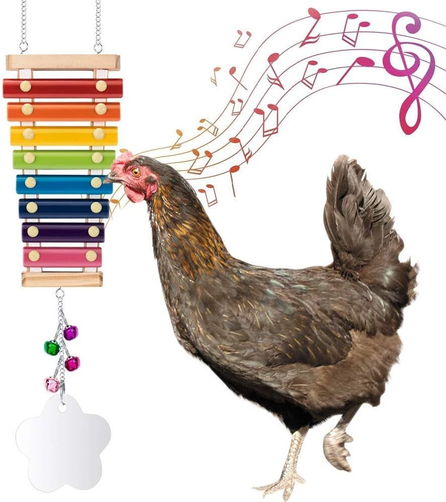 Küken Xylophon Spielzeug mit Spiegelglocke Henne hängende Musik Holzspielzeug 8 Metallschlüssel für Huhn Henne Hahn Vogelkäfig Hühnerstall