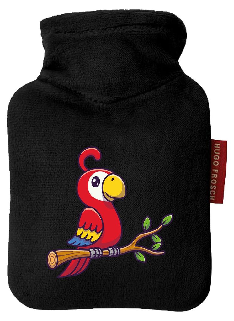 Huuraa Mini-Wärmflasche Papagei Ara Comic 0,2 Liter Black Mini Veloursbezug Taschenwärmer Geschenkidee