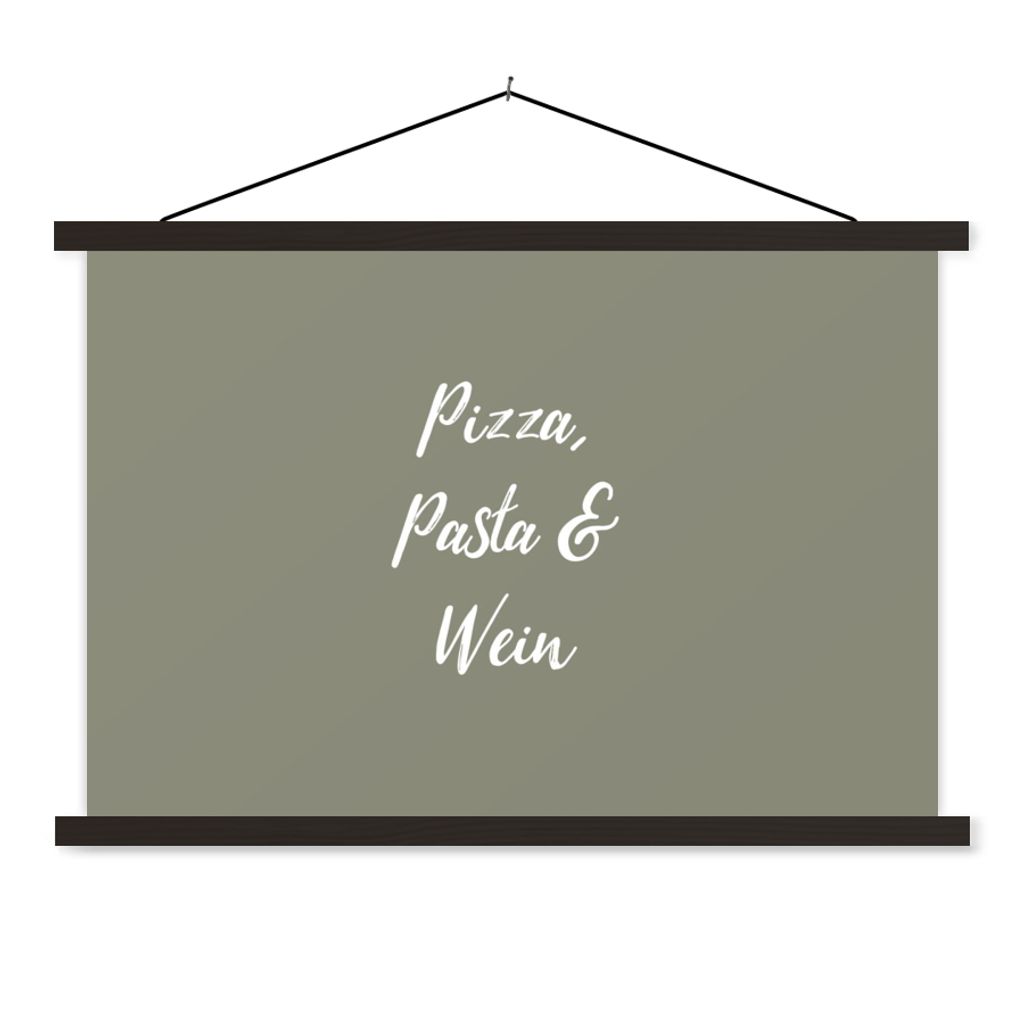MuchoWow Textilposter Sprichwörter - Essen - Pizza, Pasta & Wein - Trinken - Zitate 60x40 cm mit schwarzem Rahmen - Hölzernes