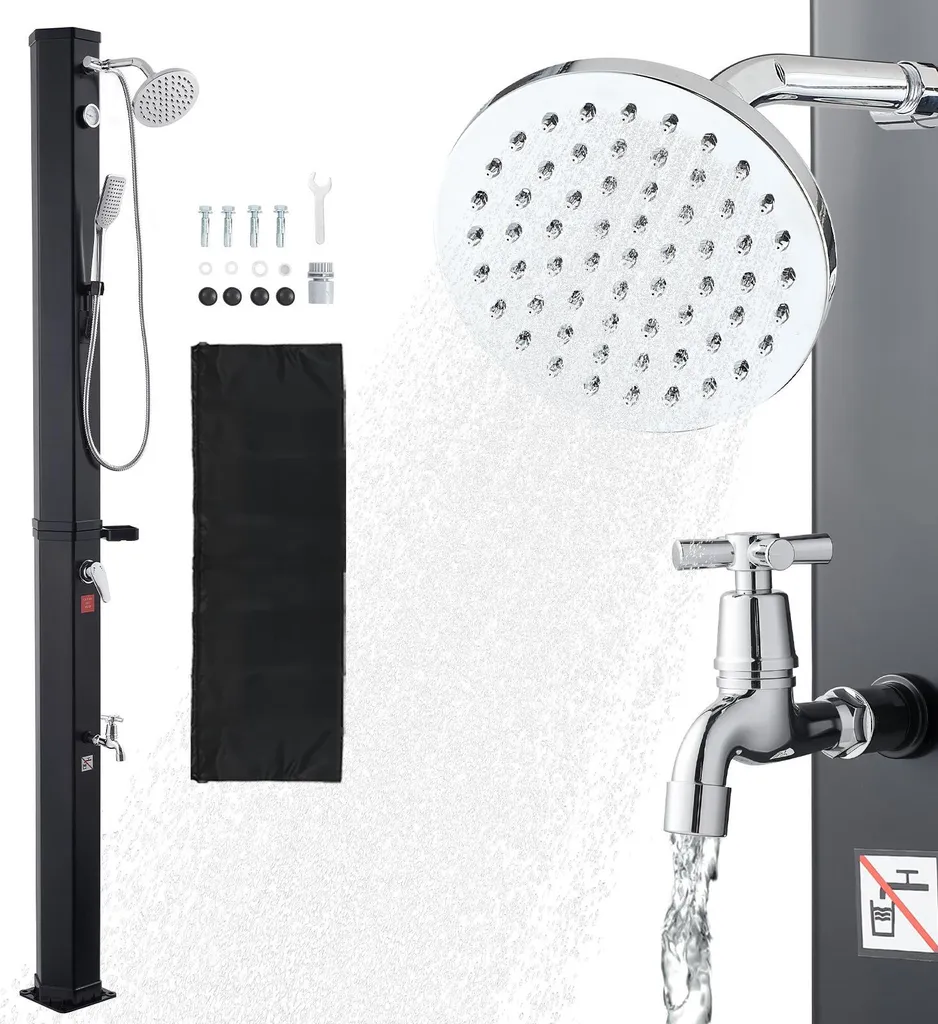 Douche solaire de jardin 40L noire - Mitigeur et douchette - Hauteur 229cm
