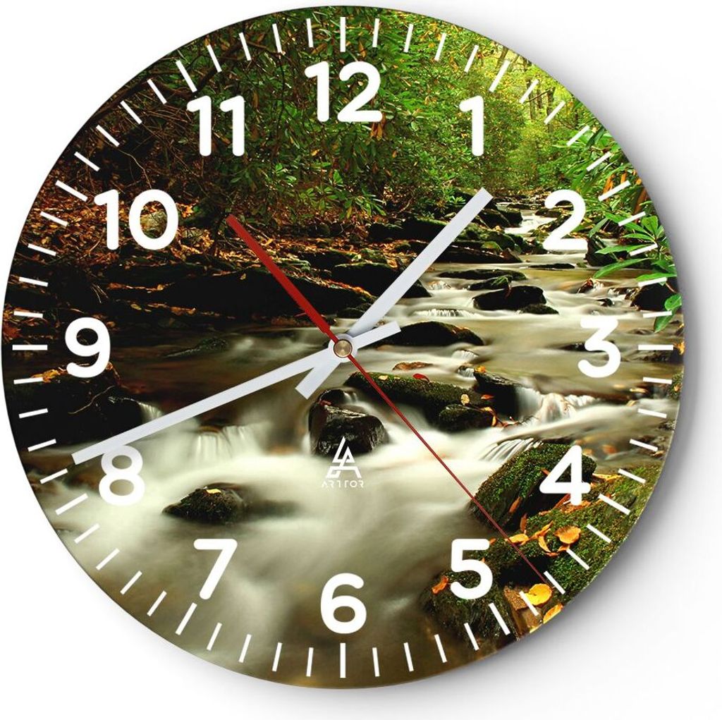 Wanduhr - Rund - Glasuhr - Bäume Strom Felsen - 30x30cm - Schleichendes Uhrwerk - Lautlos - zum Aufhängen bereit - Dekoration Modern - Wanddekora...