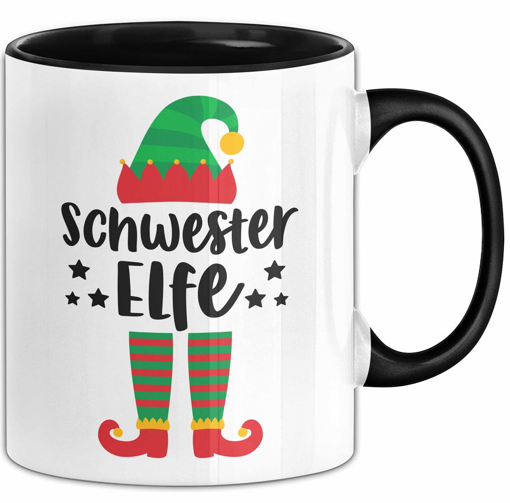 Schwester Elf Tasse Geschenk Familienfeier Weihnachten Lustige Geschenkidee Geburtstag Kaffee-Becher (Schwarz)