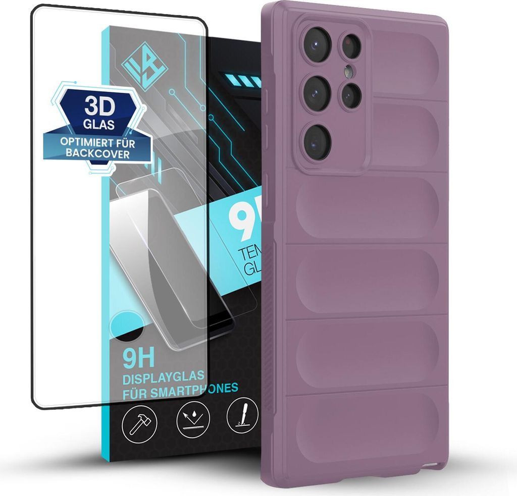 Handy Hülle für Samsung Galaxy S22 Ultra mit 9H Displayglas Displayschutz Plus Grip Case Cover Schutzhülle Softgrip Farbe: Violett