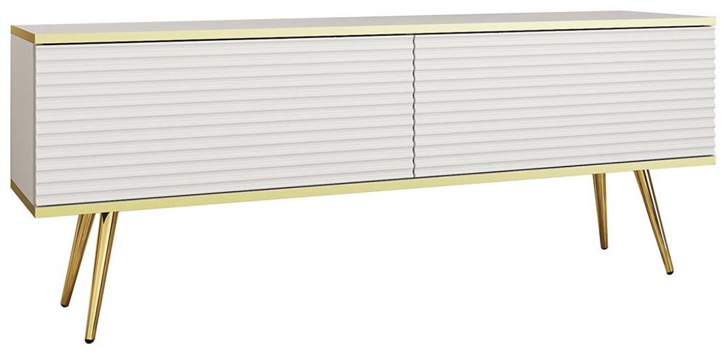 Wohnzimmer Lowboard mit 135 cm Breite in Weiß, Rillenfront & goldfarbenen Füßen - OLOVO-160