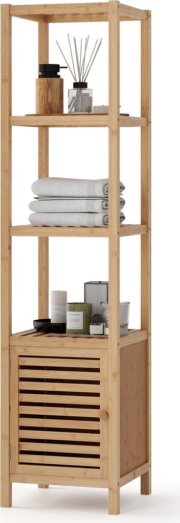 GOPLUS Badezimmerschrank Bambus, 140cm Badregal mit 4 Ebenen Regalen, Aufbewahrungsschrank, Freistehender Hochschrank für Wohnzimmer, Küche, Flur
