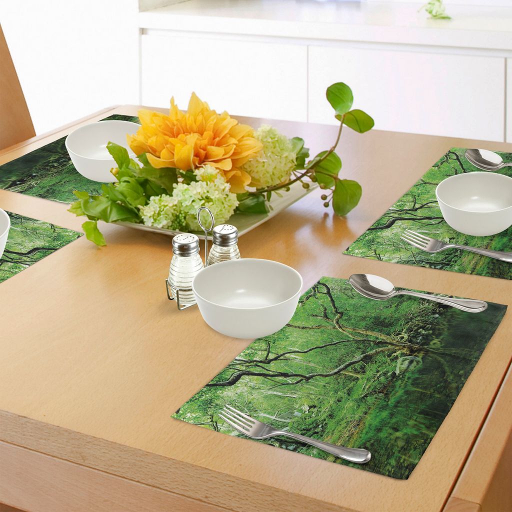 ABAKUHAUS Grün Platzmatten, Wald Moos Blätter Natur Themen isolierten Dschungel Bild Foto drucken, Tiscjdeco aus Farbfesten Stoff für das Esszim...