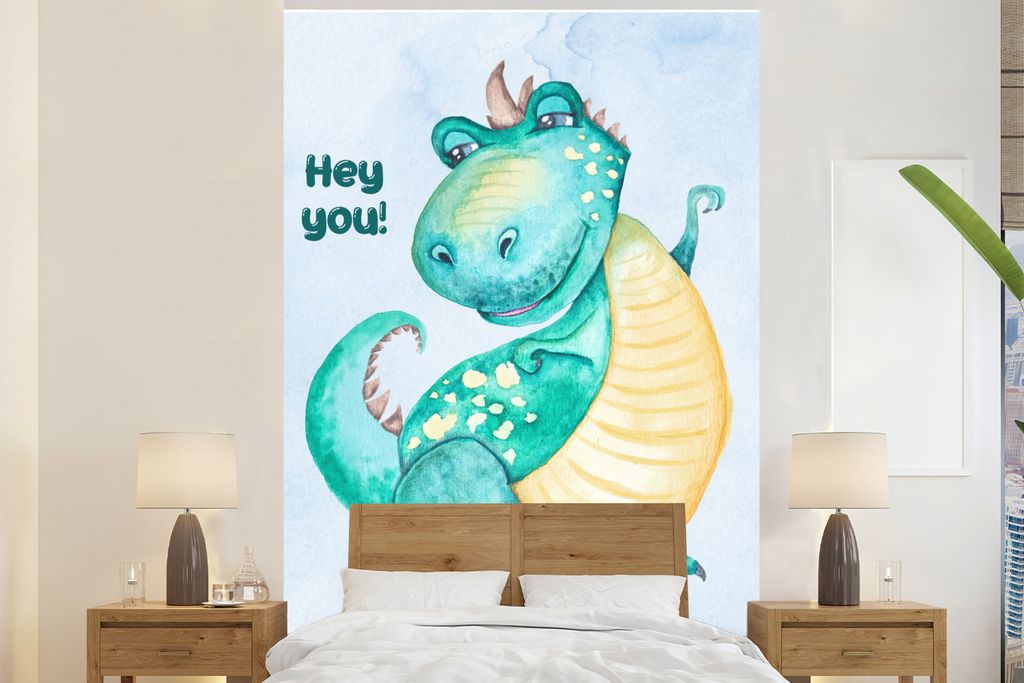 MuchoWow Fototapete für Wohnzimmer oder Schlafzimmer Wandtapete Vinyl Motivtapete Dino - Tapete Kinderzimmer - Aquarell - Jungen - Kinder - 200x...