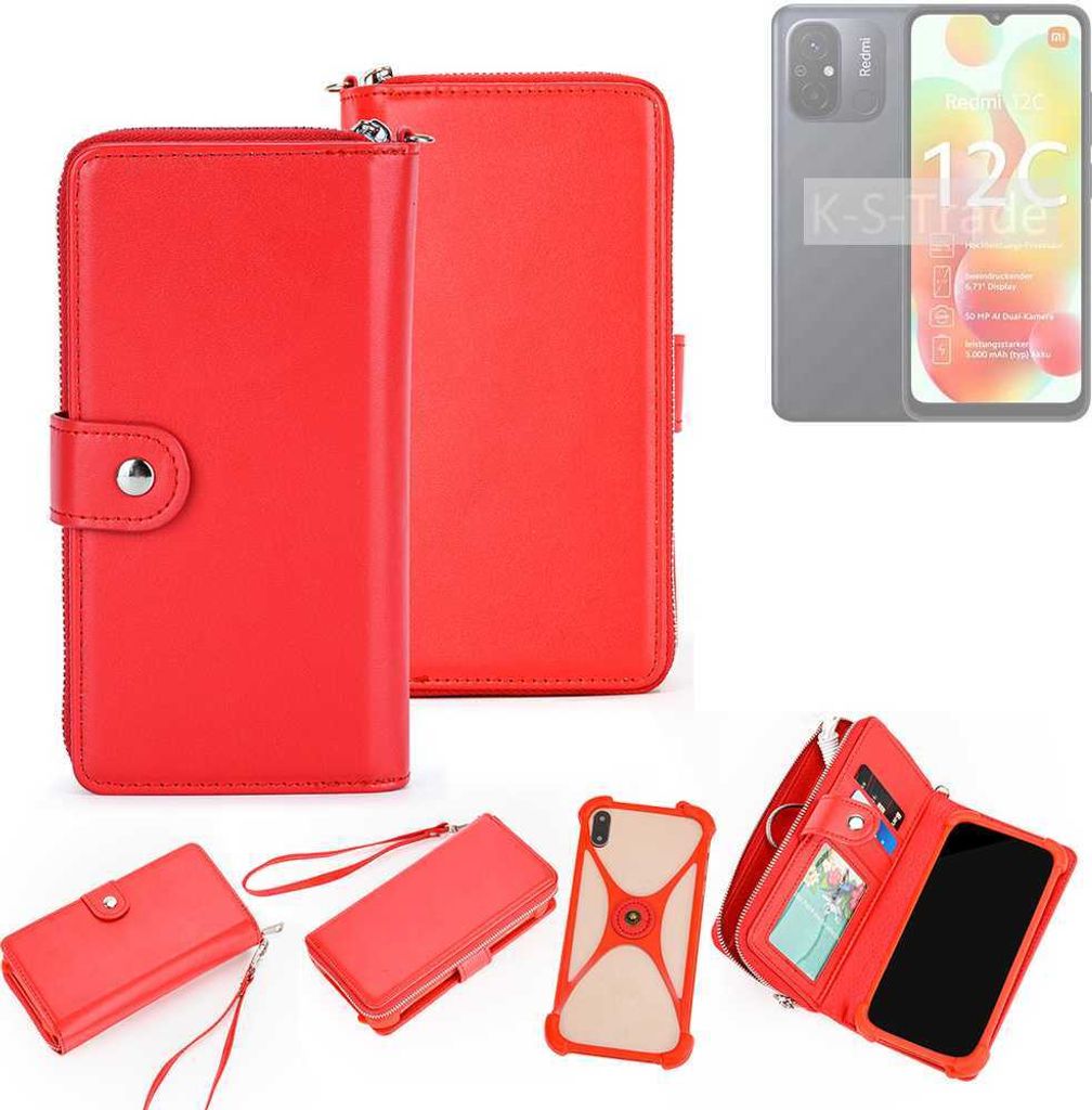 K-S-Trade 2in1 Schutzhülle Portemonnee Handyhülle mit Bumper kompatibel mit Xiaomi Redmi 12C Hülle Case Etui Geldbörse Smartphone rot (1x)