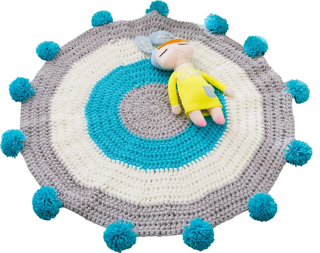 Tapis de salon rond bleu 80cm - Décoration tricotée pour coin lecture