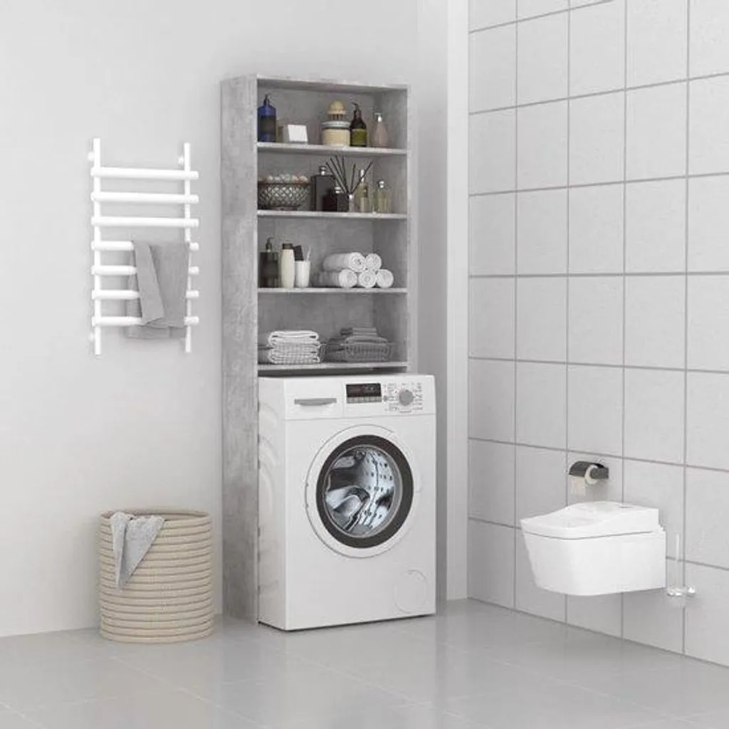 Rangement au-dessus du lave-linge gris béton : solution espace restreint