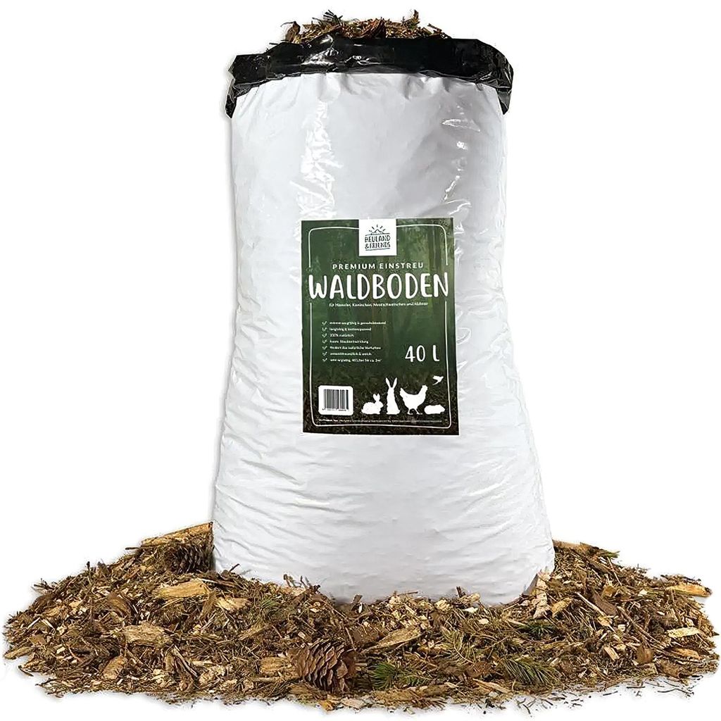 A large bag of animal bedding (Waldboden) is shown, surrounded by loose bedding material.