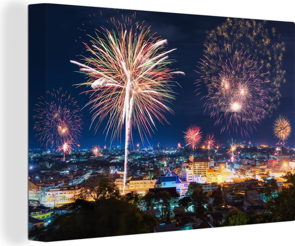 OneMillionCanvasses - Leinwandbilder - 140x90 cm, Feuerwerk über den Häusern, Wandbilder Kunstdruck Wanddekoration