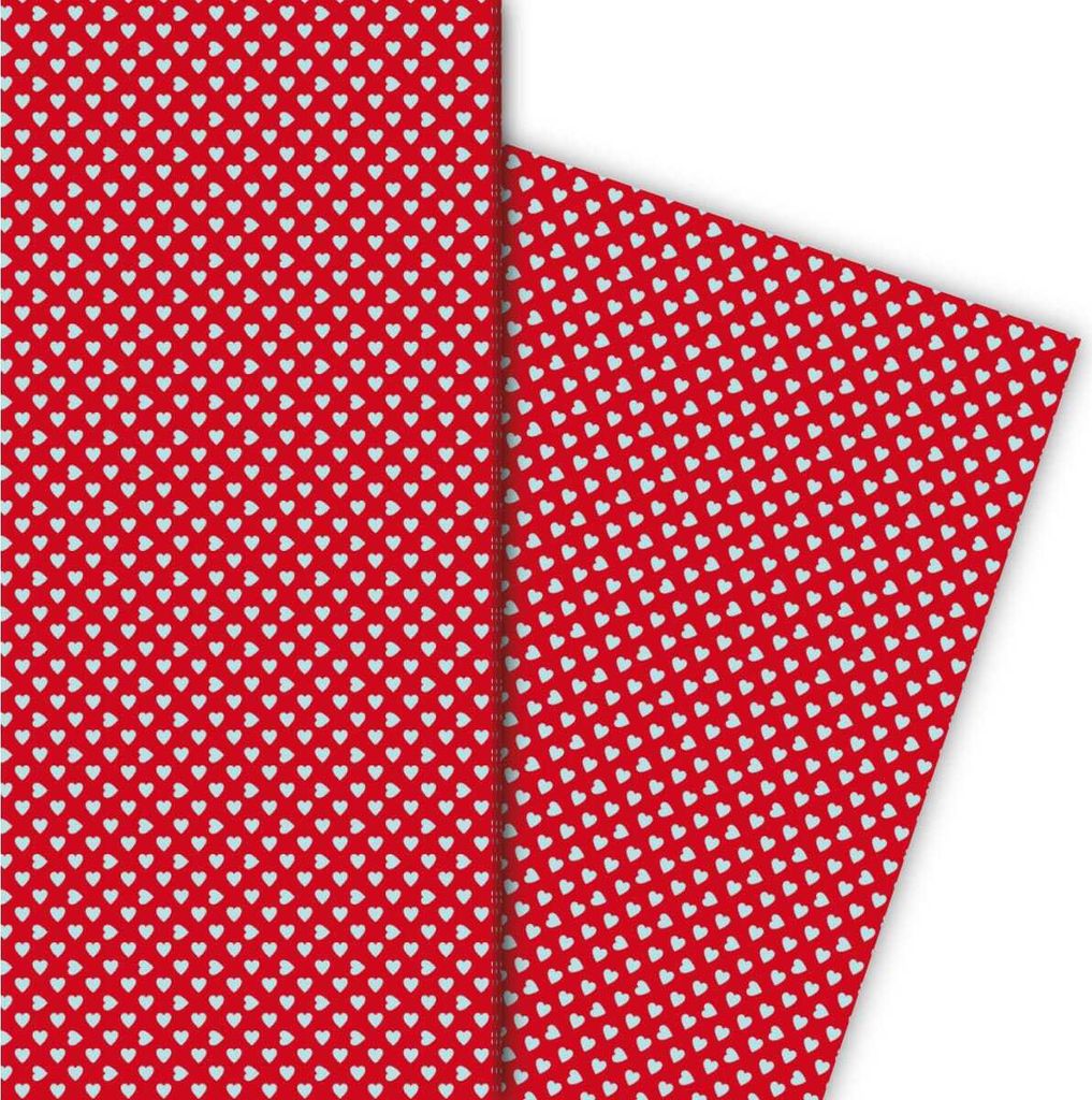 Romantisches Geschenkpapier mit kleinen Herzen hellblau auf rot - G5380, 32 x 48cm