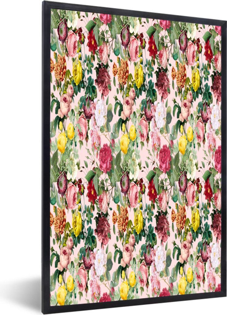 MuchoWow MuchoWow Gerahmtes Poster Rosen - Blumen - Muster - Farben 60x90 cm - Poster mit zchwarzem Bilderrahmen - Kunst