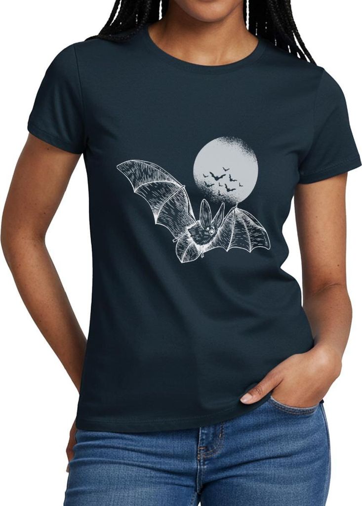 Spreadshirt Halloween Fledermaus Mit Vollmond Gruselig Frauen T-Shirt, XXL, Navy