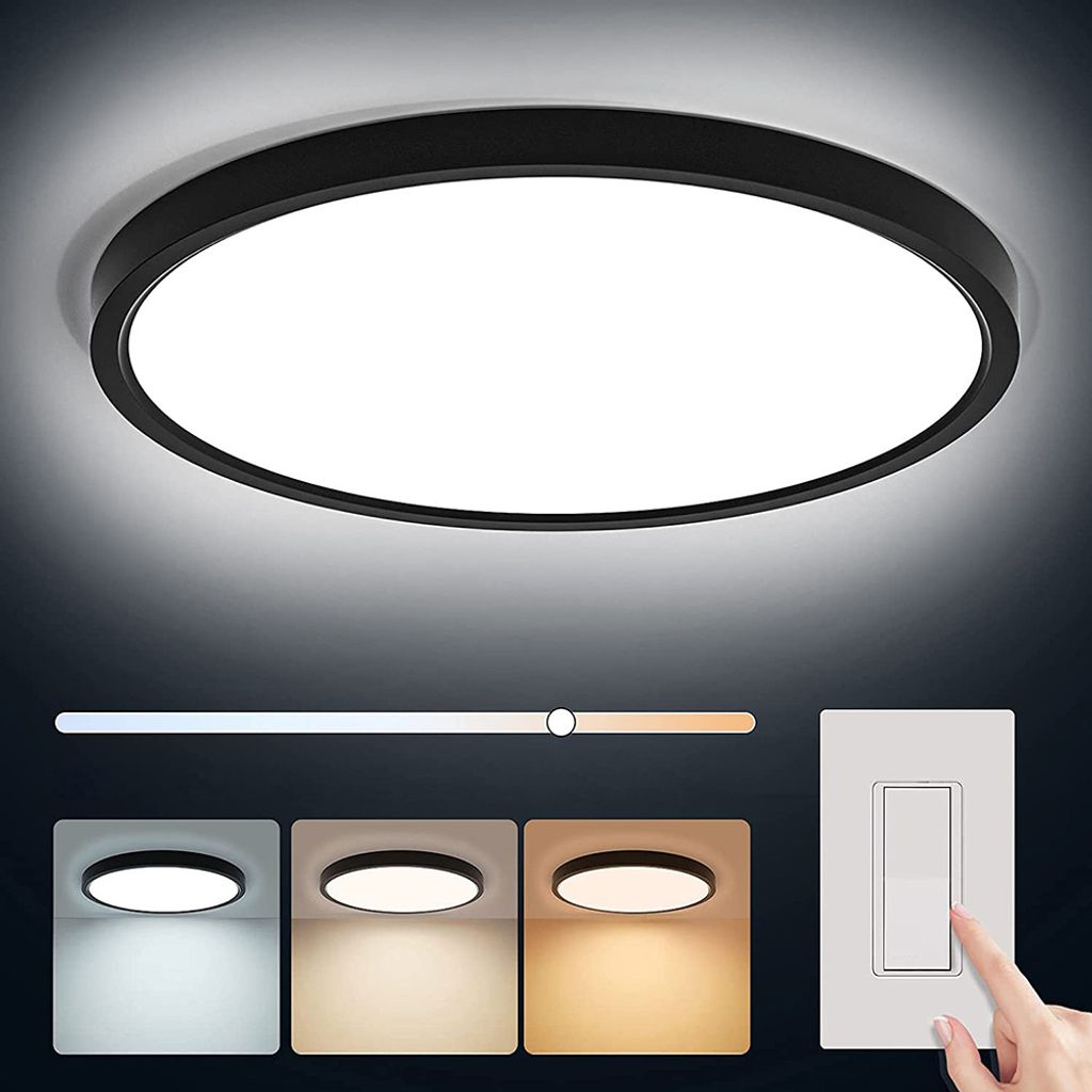 A ceiling light fixture is shown with a slider indicating color temperature adjustment and three sample images showing different light colors. A finger is shown pressing a light switch.