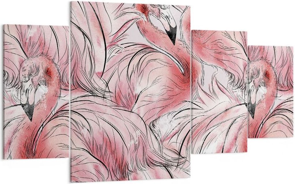 Bild auf Leinwand - Leinwandbild - 4 Teile - Flamingo Pink Exotik - 160x90cm - Wand Bild - Wanddeko - Wandbilder - Leinwanddruck - Bilder - Wanddek...