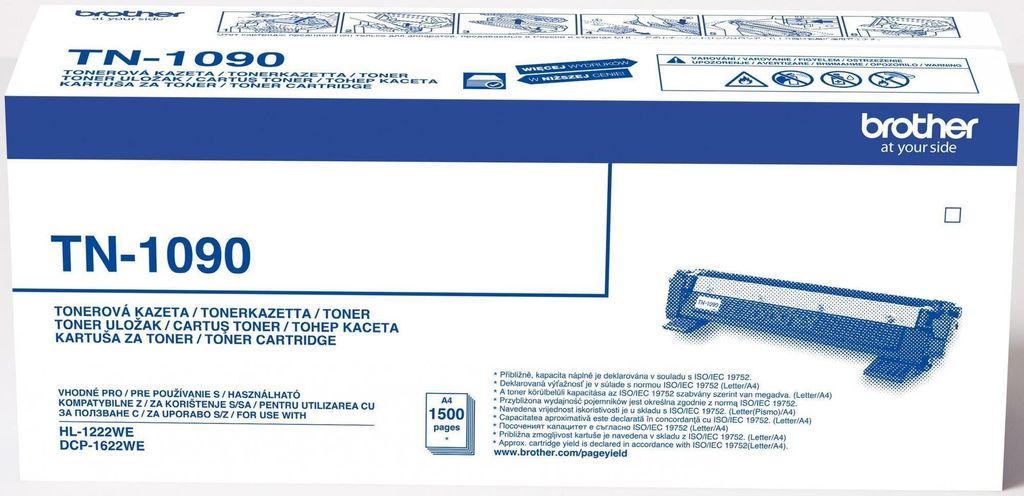 The image shows the packaging of a Brother TN-1090 toner cartridge, with a depiction of the toner cartridge itself on the right side.