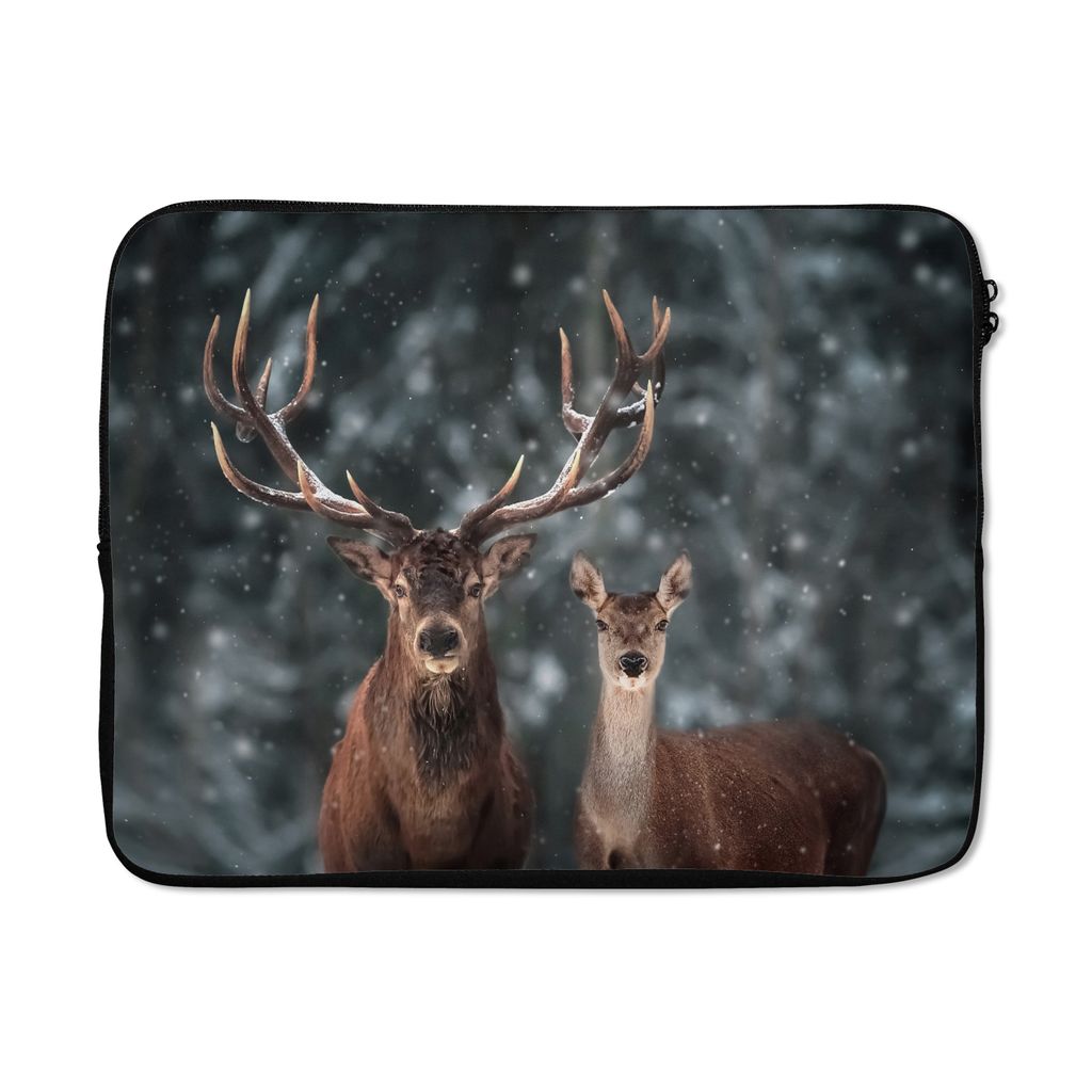 MuchoWow Laptop Hülle 17 Zoll Laptoptasche Hirsche - Tiere - Winter - Geweih - Schnee - Natur - Zipper - Schutzabdeckung