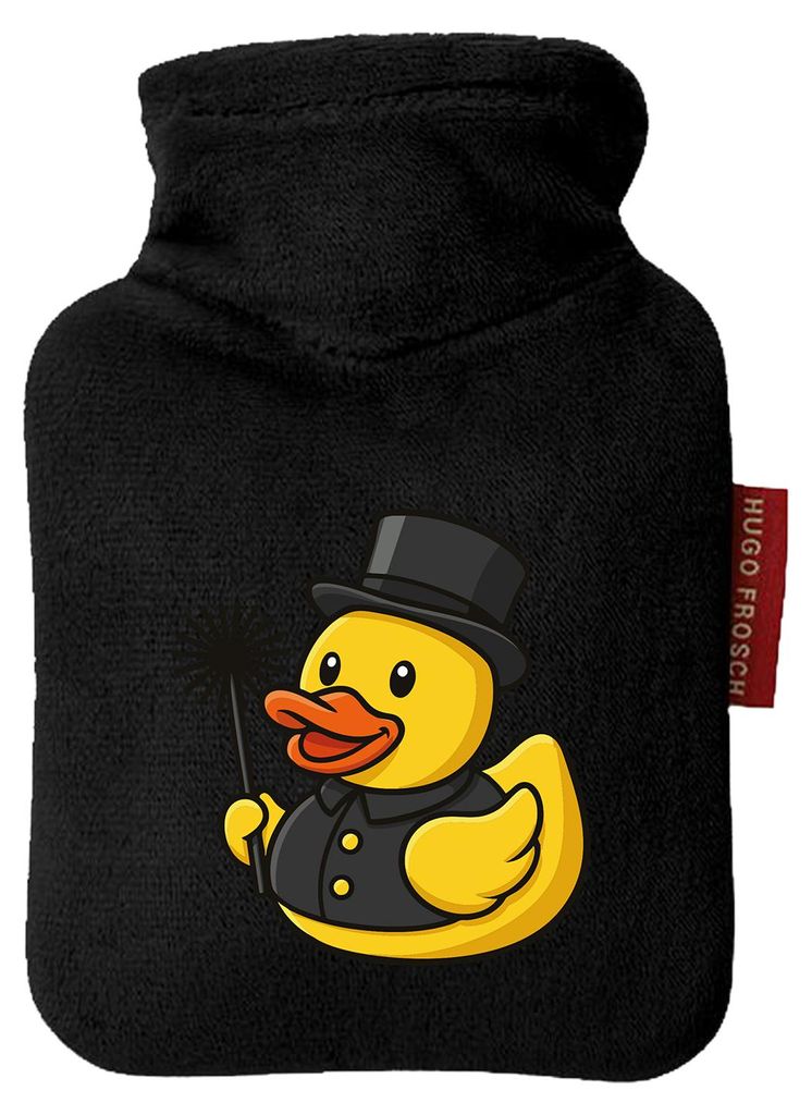 Huuraa Mini-Wärmflasche Quietscheente Schornsteinfeger Gummiente Kaminfeger 0,2 Liter Black Mini Veloursbezug Taschenwärmer Geschenkidee
