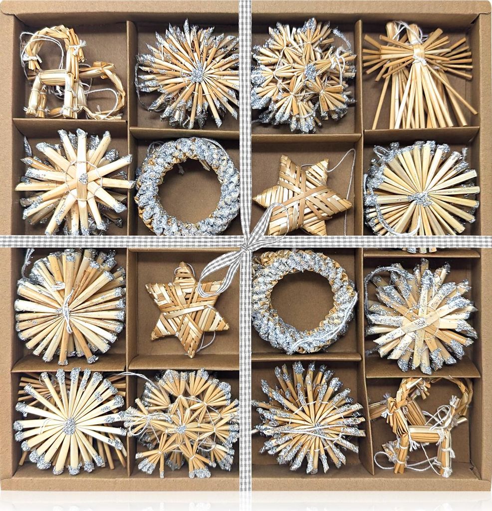 com-four 56-teiliges Strohsterne Set - verzierte Sterne, Glocken, Tannen, und traditionelle Figuren - kleine Stroh-Anhänger - besonderer Christb...