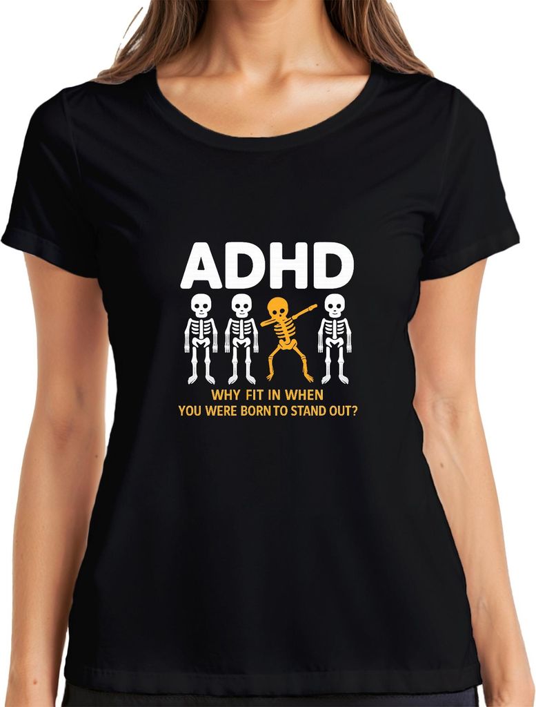 Warum anpassen? Geboren zum Auffallen ADHD Skelett Dabbing Spass Damen T-Shirt, Schwarz, XL