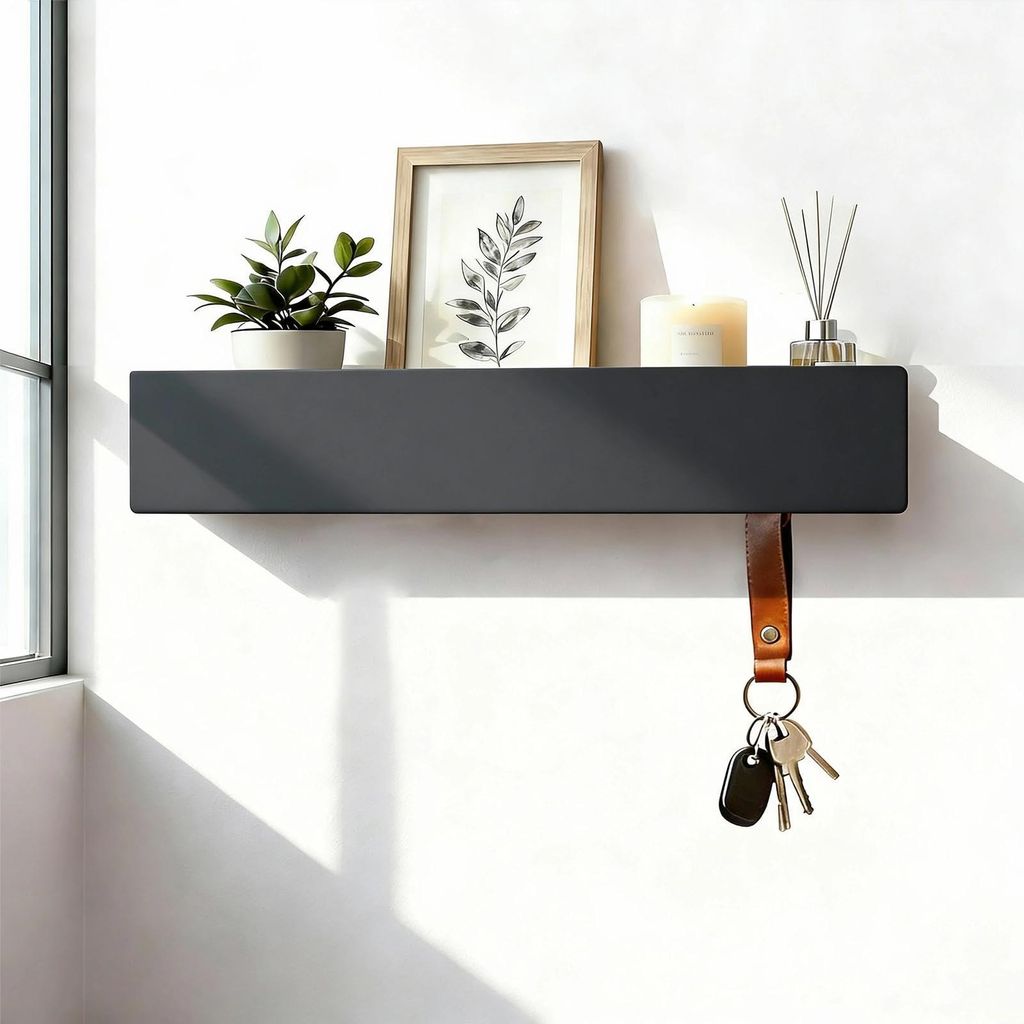 Moderner, wandmontierbarer Schlüsselhalter mit Ablage und Produktbild 