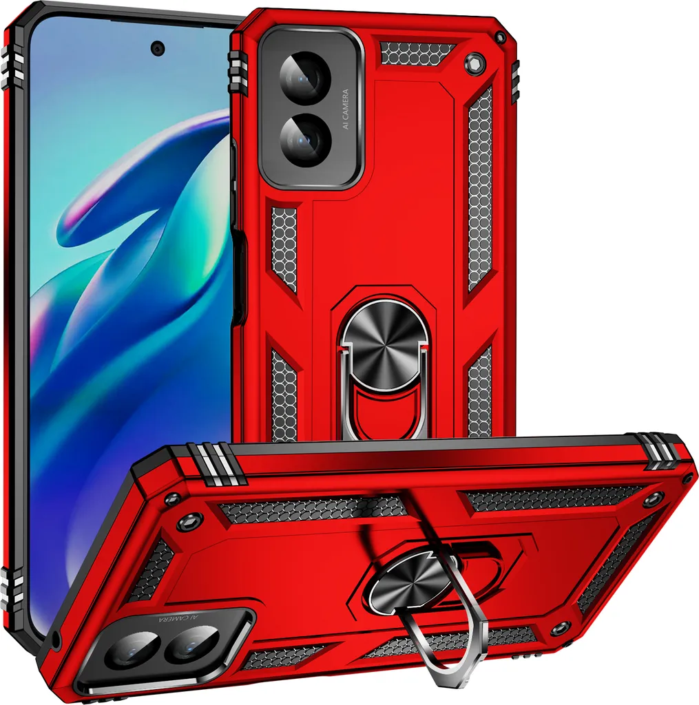 Custodia per Motorola Moto G Power (2024) a doppio strato robusta, protezione militare con supporto ad anello e supporto Rosso