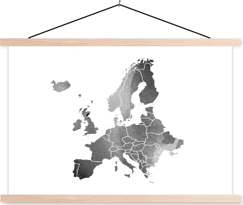 MuchoWow Textilposter Europa-Karte in Aquarell - schwarz und weiß 60x40 cm mit holzfarbenen Rahmen - Bilder