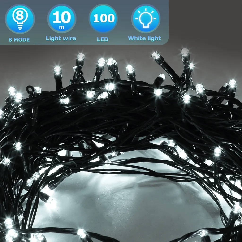 Fiqops Catena 100 LED 10M Bianco Freddo per Albero di Natale Esterno IP44