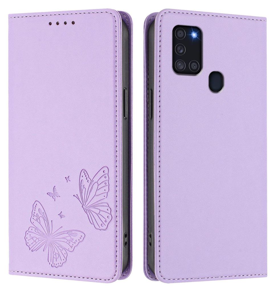 Lederhülle für Samsung Galaxy A21S, Schmetterling Prägung Leder Brieftasche Schutzhülle mit Ständer Violett