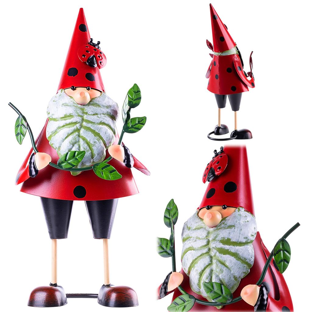 KADAX Gartenzwerg 30 cm mit Marienkäfer Design, Gartenfigur aus pulverbeschichtetem Stahl, Zwerge Figuren, Metall Dekofiguren für Garten, Gartend...
