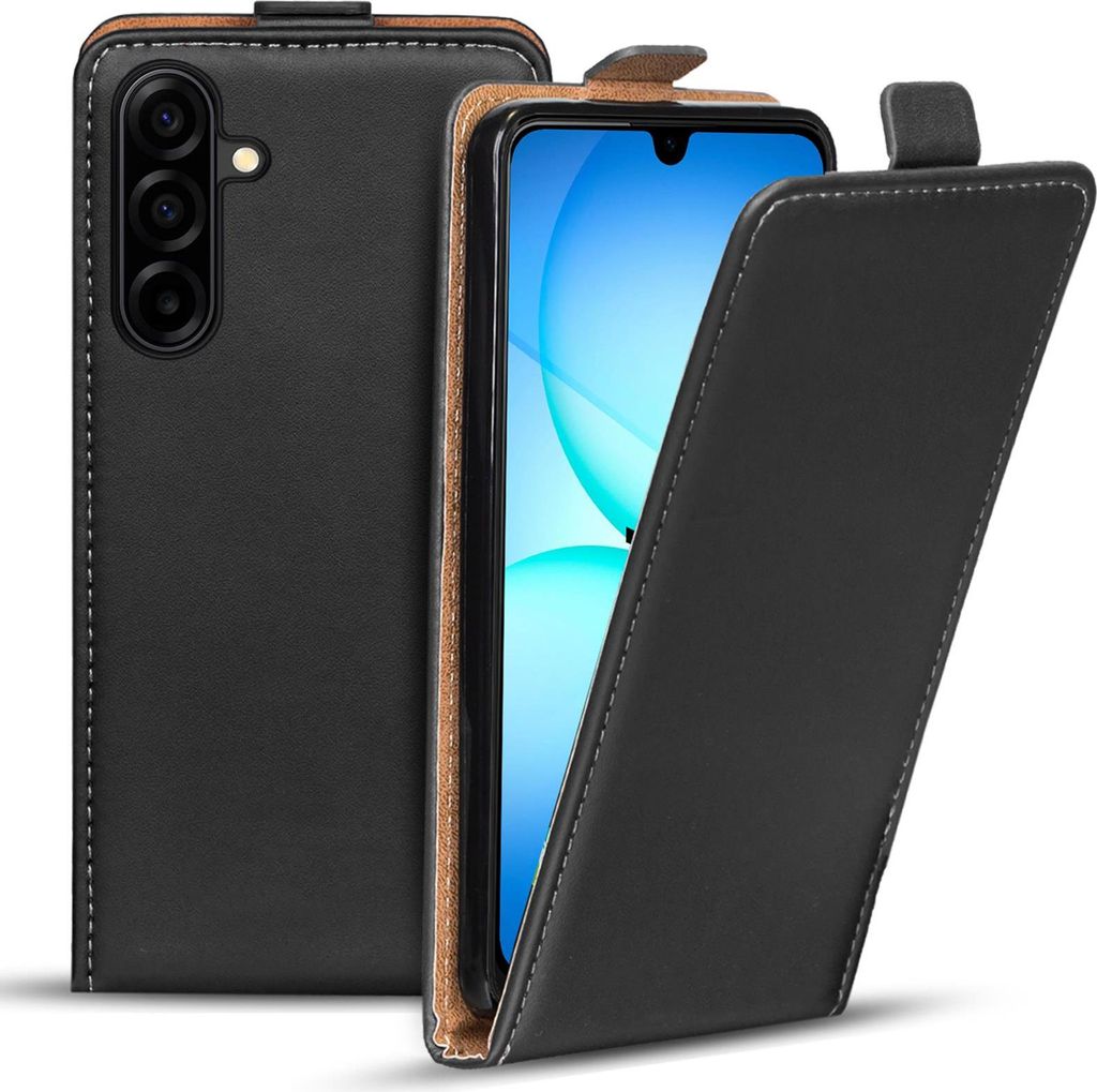 A black flip case for a smartphone is shown, with the phone partially open.