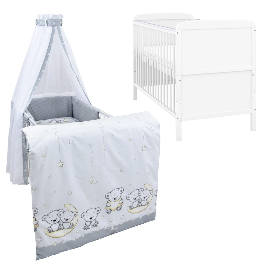 Baby-Delux Babybett Kinderbett Natalie Umbaubar 140x70 Weiß Beißschienen Bettset Komplett mit Motiv Teddy Mond Grau Waffelpique