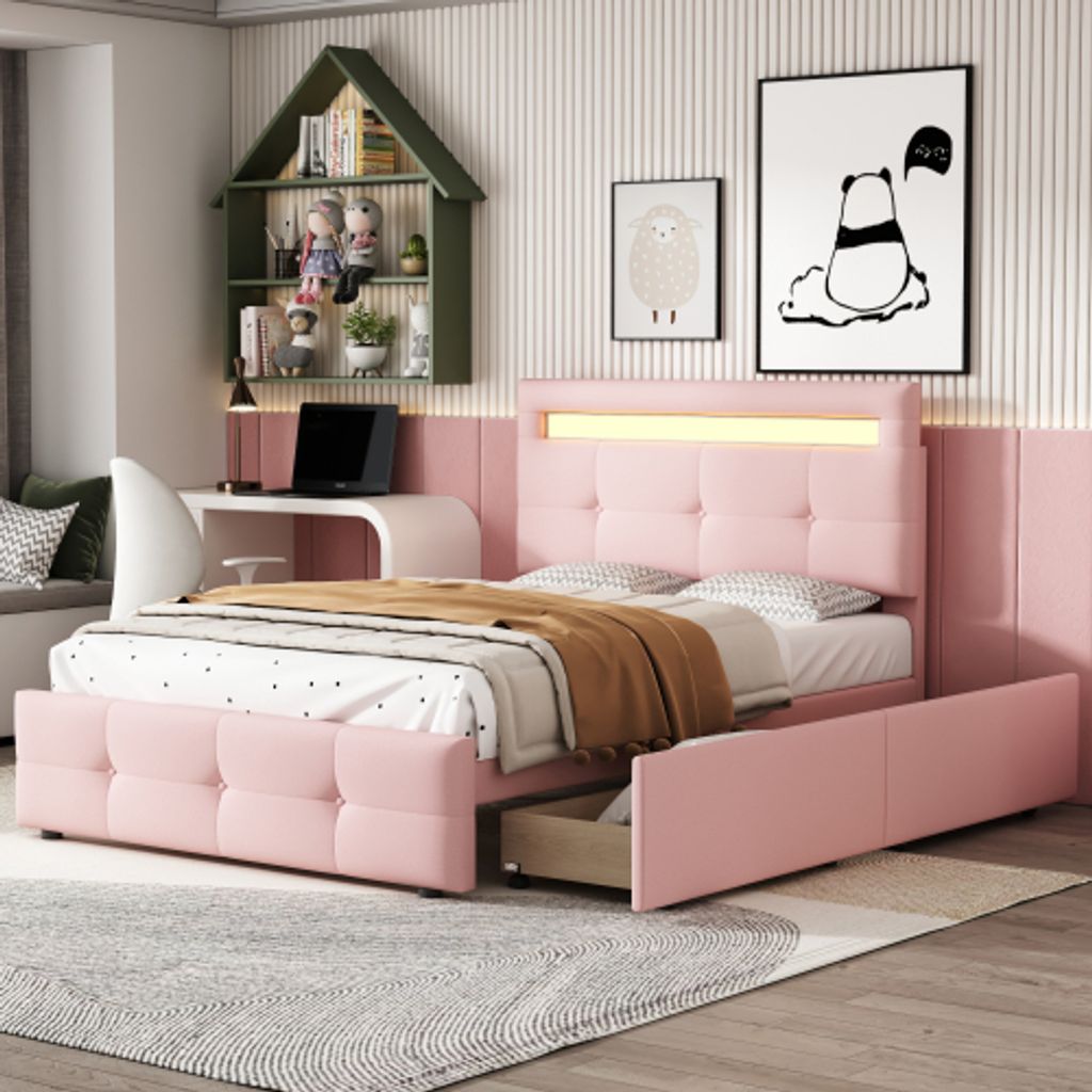 UnboxG Polsterbett 90x200cm mit Lattenrost,2 Schubladen, Stauraumbett Doppelbett mit Stauraumkopfteil und LED, Leinen (Rosa)