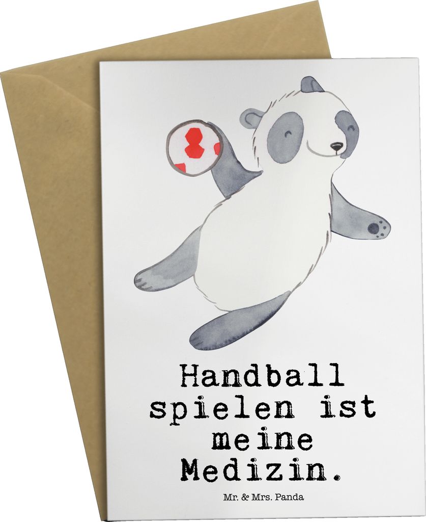 Mr. & Mrs. Panda Glückwunschkarte Panda Handball spielen - Weiß - Geschenk, Klappkarte, Verein, Club, babykarte, einladungskarten, dankeskarten, ...