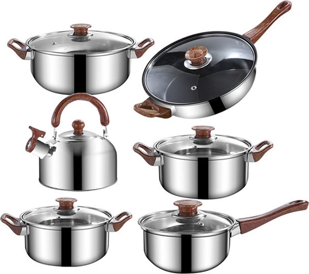 12-teiliges Topf- und Pfannenset mit 3-l-Wasserkocher, antihaftbeschichtete Kuechentoepfe aus Edelstahl, Induktionsset mit Deckel, tragbar, spuelma...