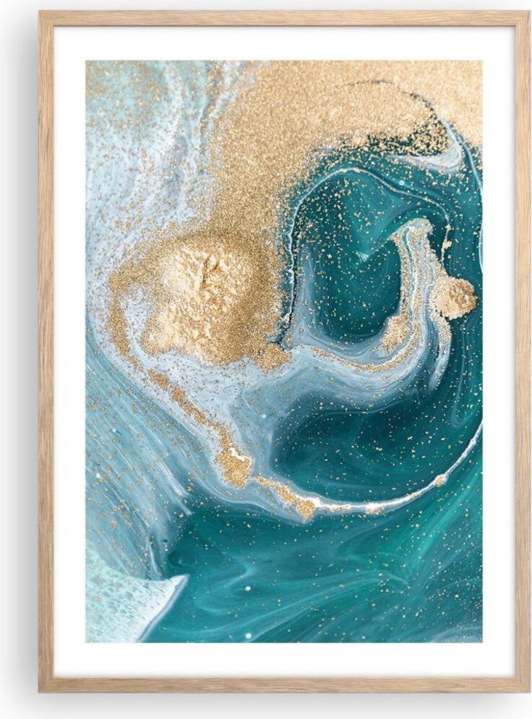 Gerahmtes Poster - Rahmen in heller Eiche - Golden Türkis Hintergrund - 50x70 cm - Wand Bild - Wanddeko - Wandbilder - Kunstposter - Wandposter - ...