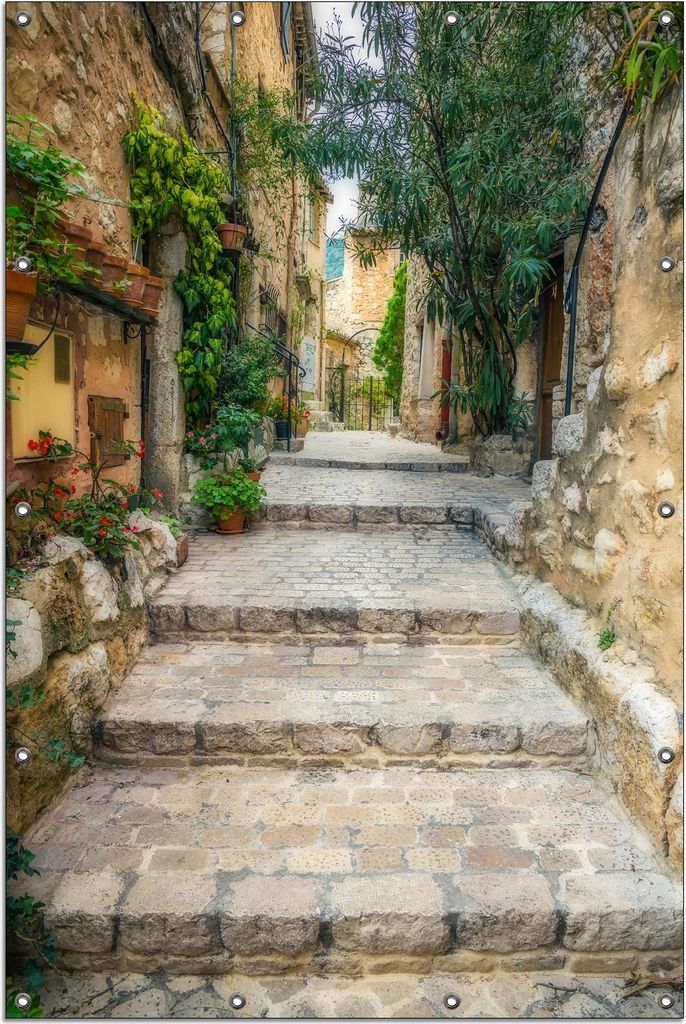 Wallario Outdoor-Poster für Garten oder Balkon, Motiv Alte steinerne Gasse in Südfrankreich, in ca. 120 x 180 cm