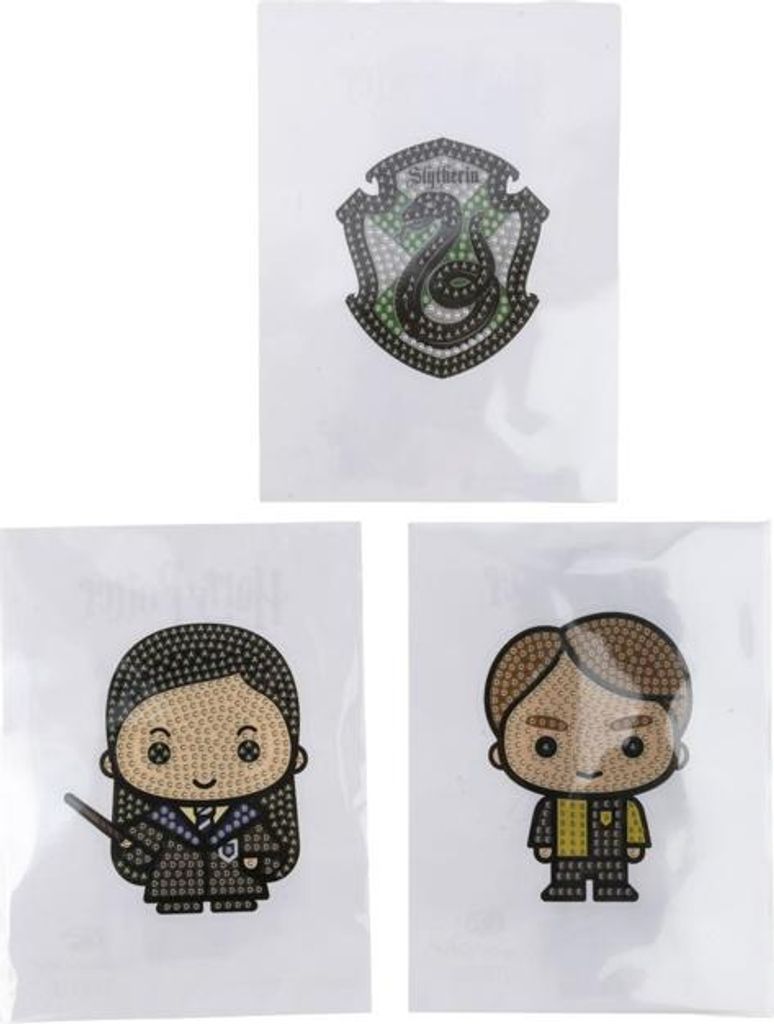 Three Harry Potter themed sticker packs are displayed against a white background. The top pack features the Slytherin crest, while the bottom two packs show cartoon-style characters.