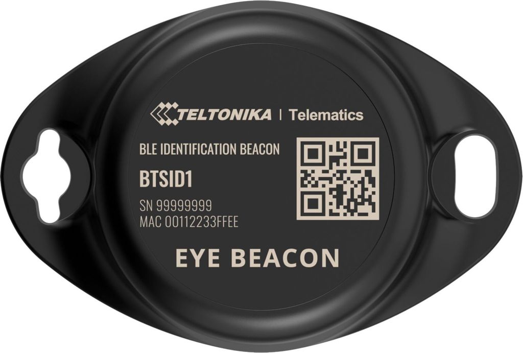 A black Teltonika Telematics Eye Beacon device with text and a QR code.