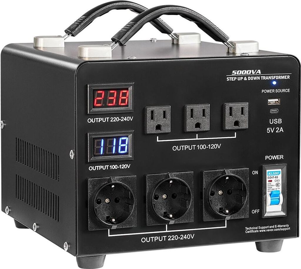 Spannungswandler-Transformator, 5000 VA, Hochleistungs-Aufwärts-/Abwärtstransformator, 110 V bis 220 V und 220 V bis 110 V, mit 3 US-Steckdosen, ...