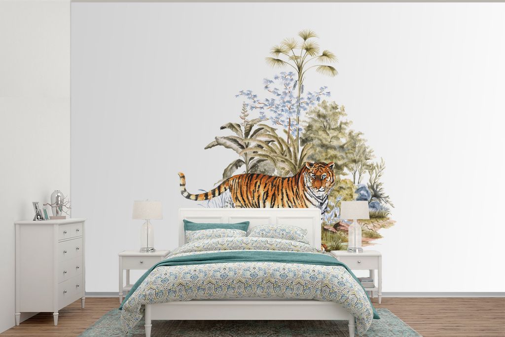 MuchoWow Fototapete für Wohnzimmer oder Schlafzimmer Wandtapete Vinyl Motivtapete Tiger - Schrein - Wald - 450x300 cm - Gemusterte