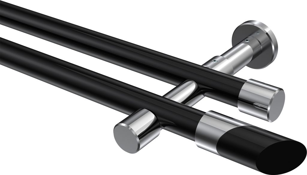 Interdeco Gardinenstange / Vorhangstange Schwarz / Chrom, Typ Prestige Verano (Schräge Bicolor) ohne Ringe, 20 mm Ø 2-läufig, 360 cm