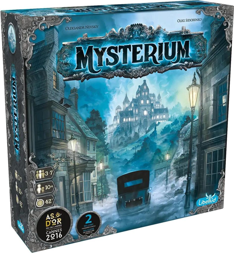 The image shows the front of a board game box, "Mysterium", with a castle in the background and a street scene in the foreground.