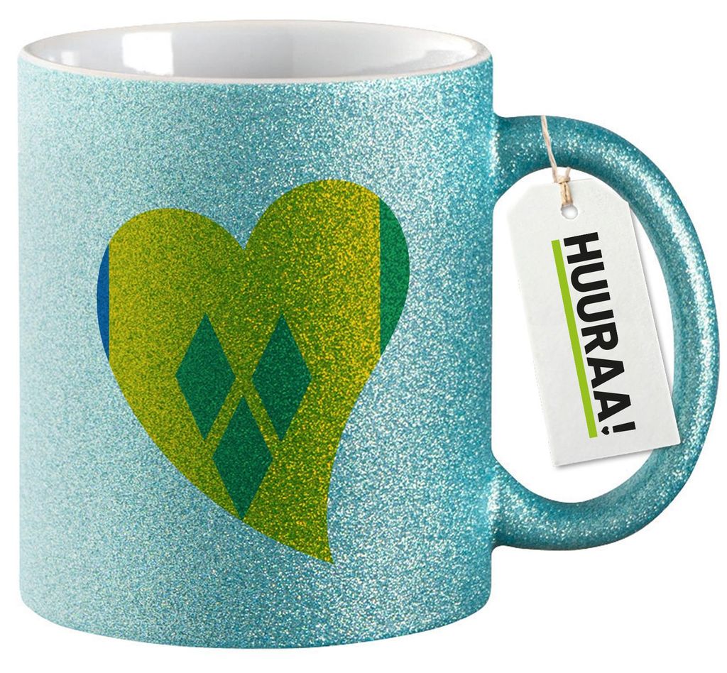Huuraa Glitzertasse St. Vincent und die Grenadinen Flagge Herz 330ml Blau Keramik Kaffeebecher Geschenkidee