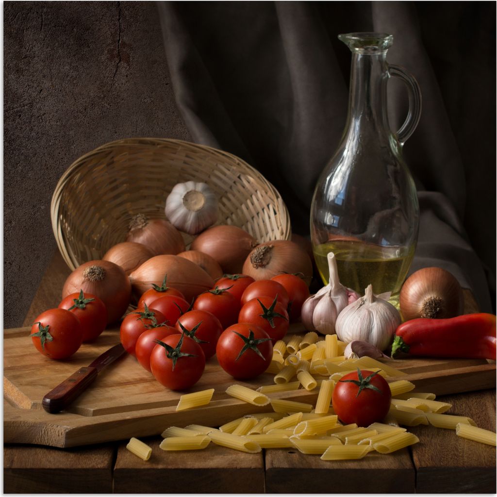 MuchoWow Poster Schneidebrett - Gemüse - Stillleben - Pasta - Aus - Tomate - Schneidebrett 50x50 cm - Wohnzimmerdekoration